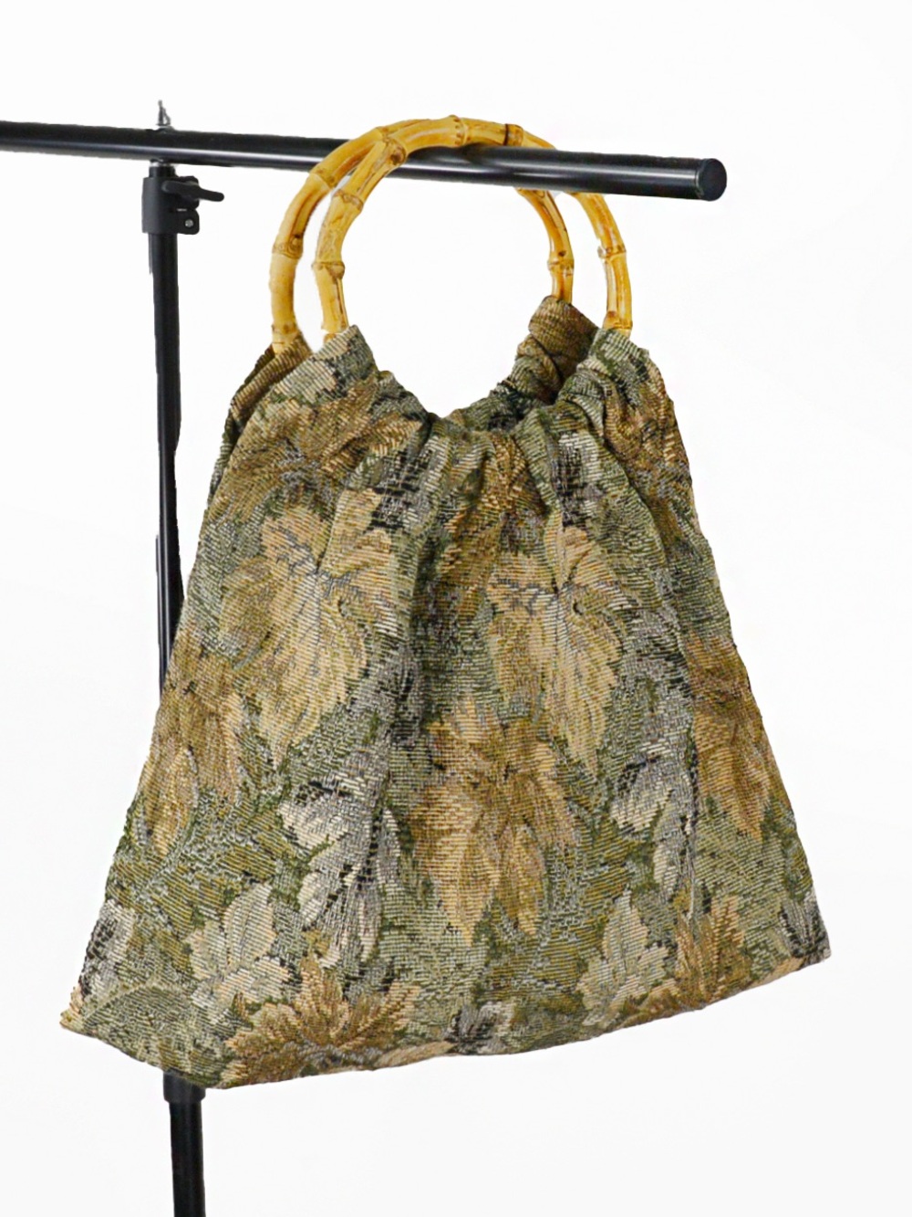 Vintage 70s Tapestry Handbag Bamboo Top Handle Floral Gobelin Tote Purse